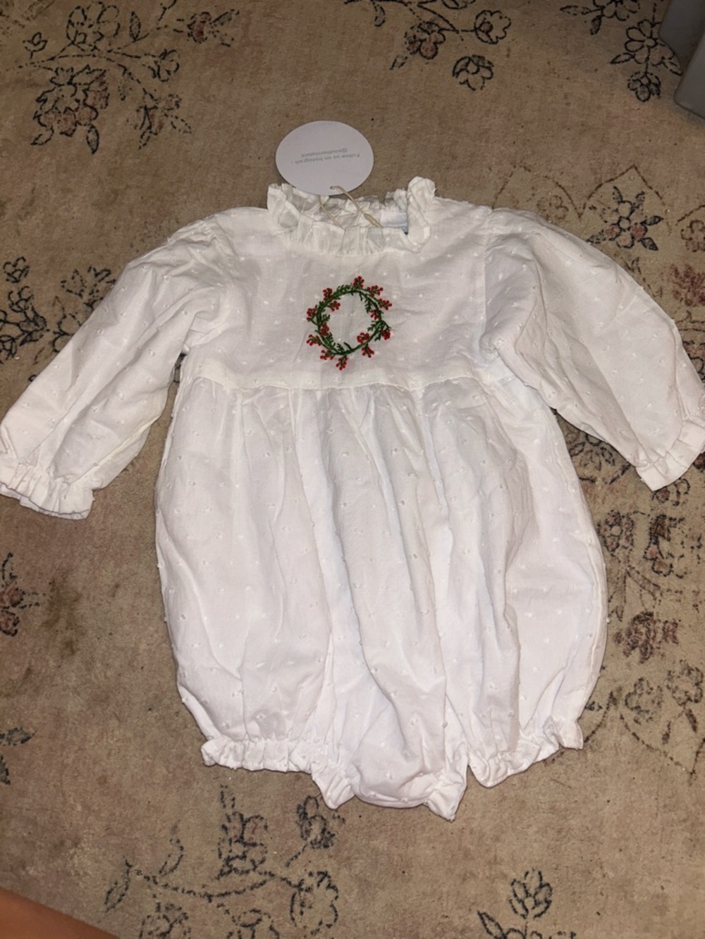 Classic White Baby Bubble Romper with Holiday Wreath Embroidery